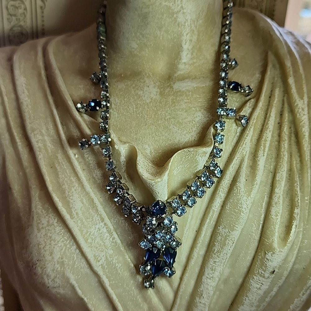 Vintage Ice & Cobalt Blue Rhinestone Necklace & Earrings on Silver Tone Setting